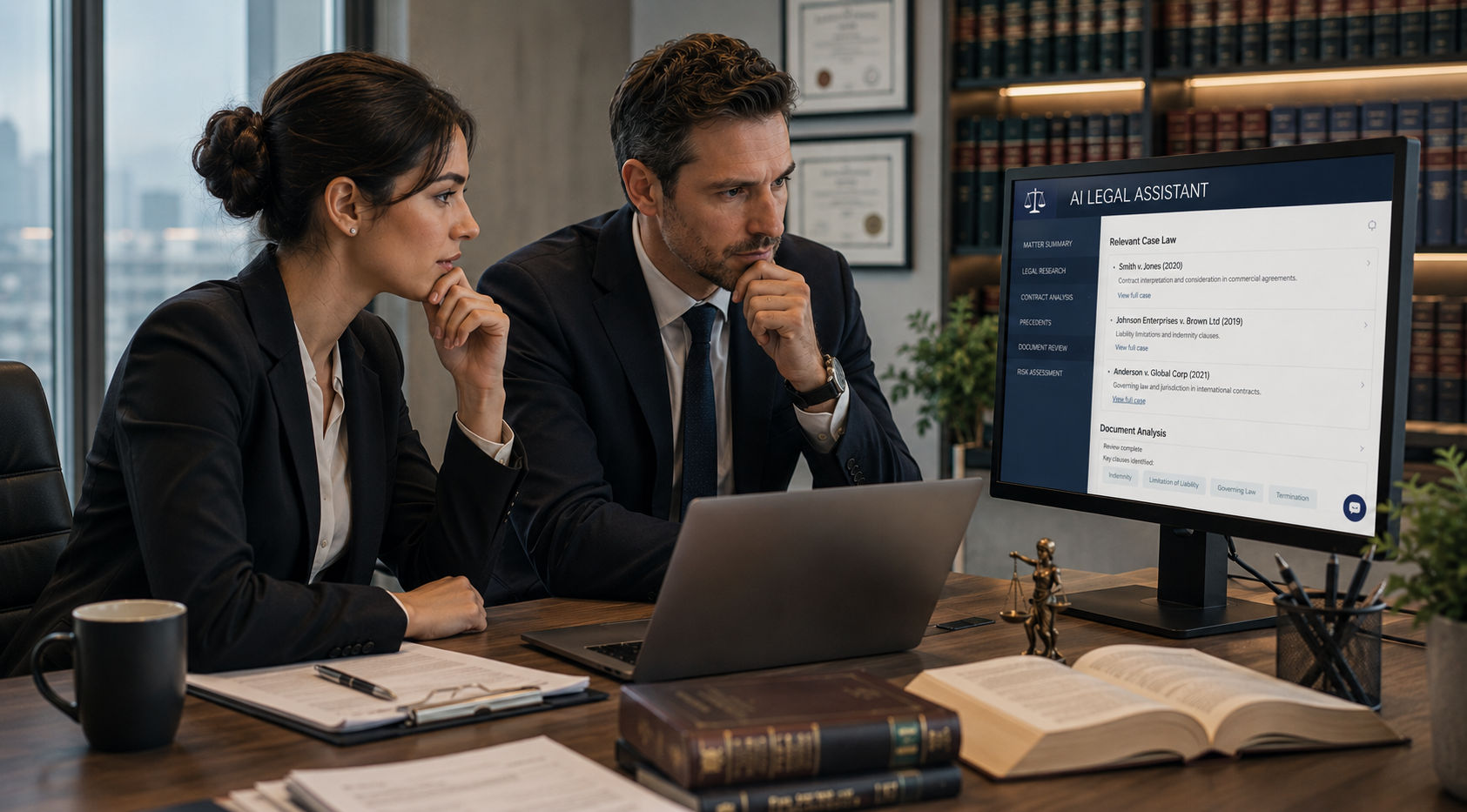 Lawyers reviewing an AI-assisted contract review tool